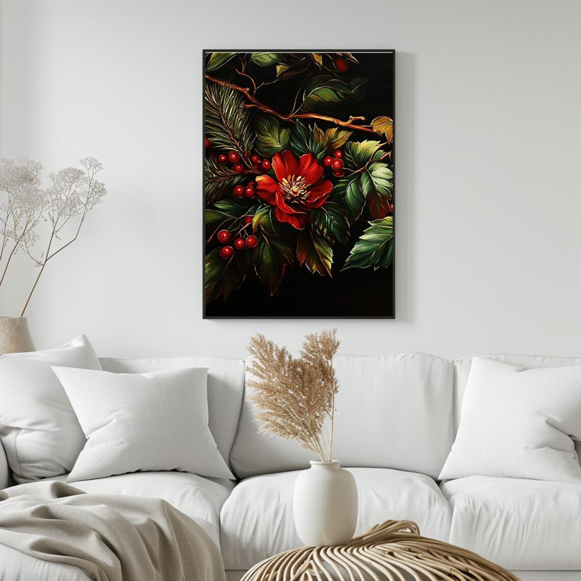 Christmas Floral Arrangement Red Poinsettia And Berries Vintage Holiday Oil Painting Wall Art Print Pt - Image 5
