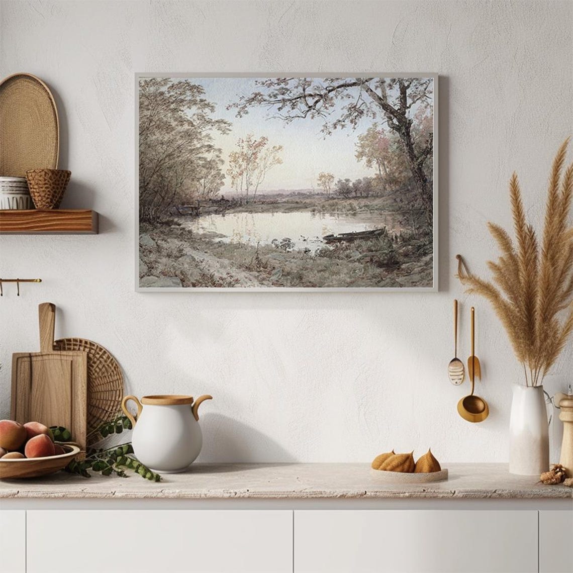 Serene Riverbank Watercolor Trees Canoe Peaceful Morning Poster - Image 4