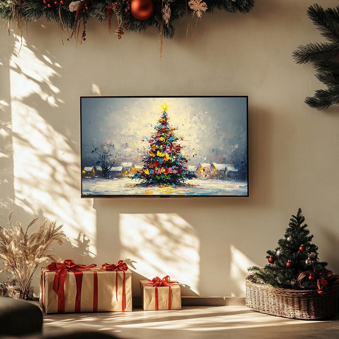 Vibrant Impressionist Christmas Tree Night Scene Oil Art Poster - Image 2