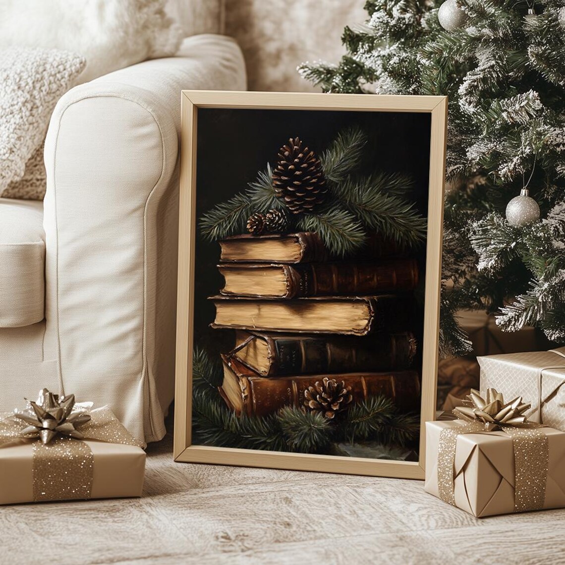 Stacked Vintage Books With Pinecones Rustic Holiday Painting Poster - Image 5