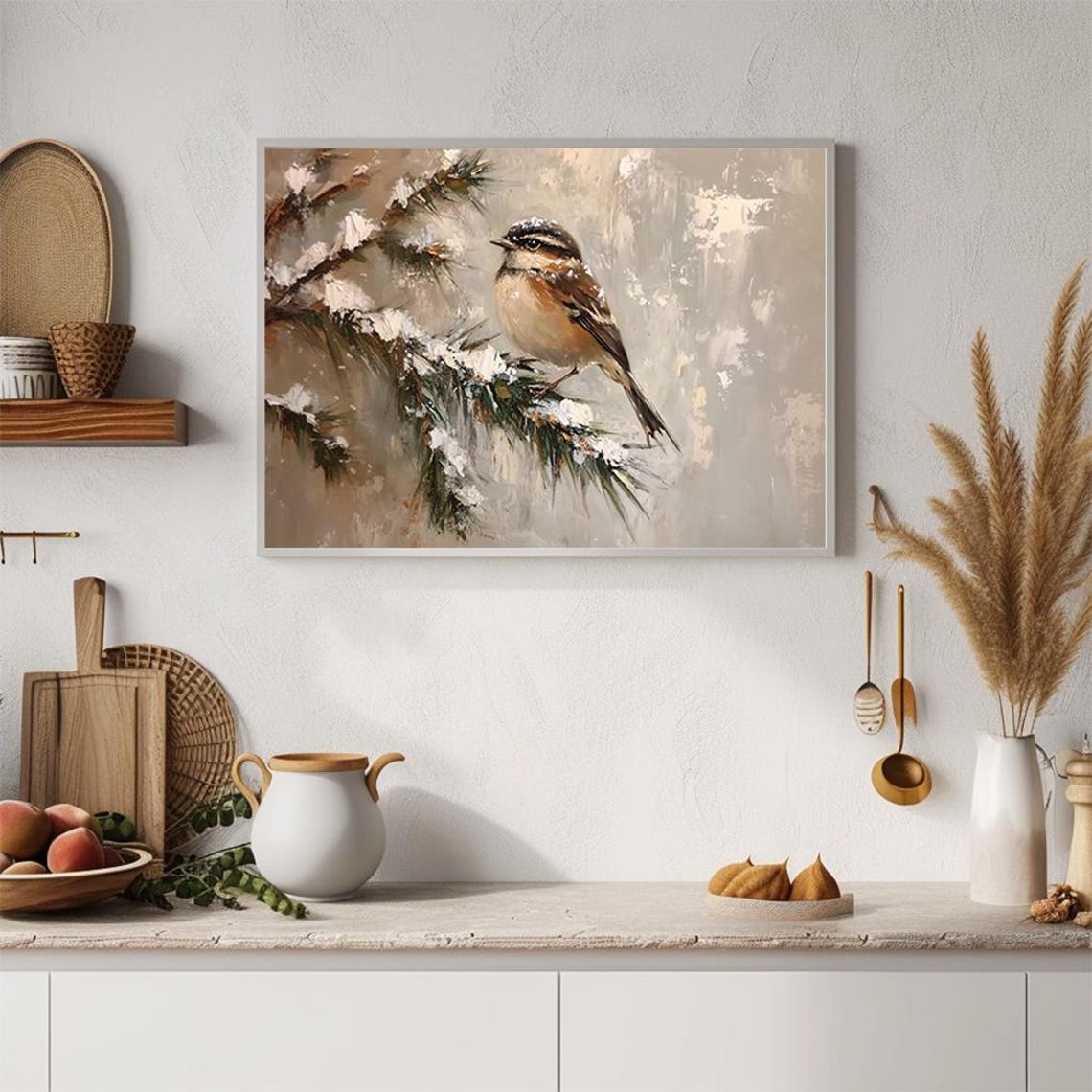 Small Bird Snowy Pine Branch Muted Winter Painting Art Poster - Image 4