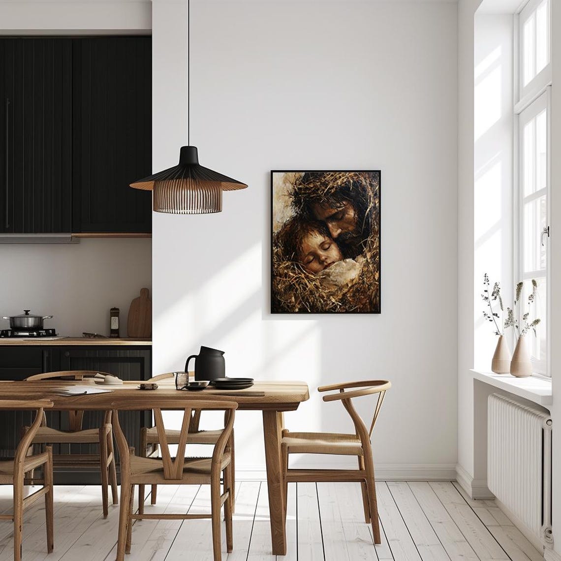 Saint Joseph Holding Baby Jesus Sleeping in the Manger Painting Poster - Image 4