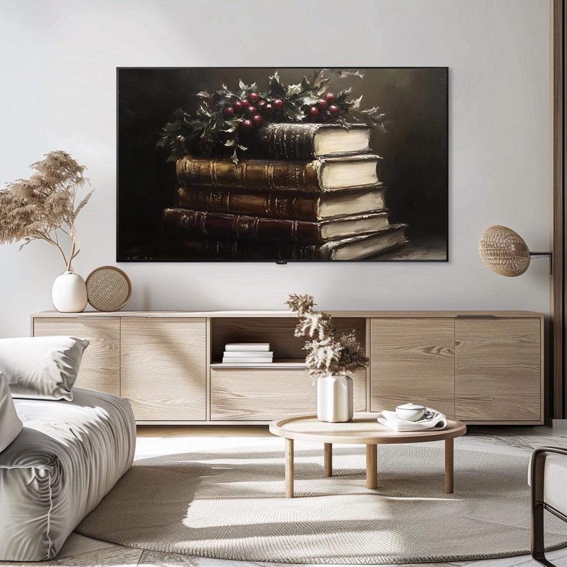 Vintage Book Stack With Holly Berries Dark Still Life Poster - Image 5