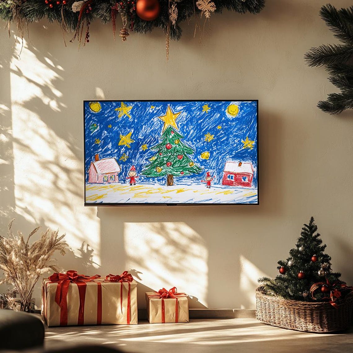 Kids Crayon Christmas Drawing Whimsical Tree Night Sky Poster - Image 3