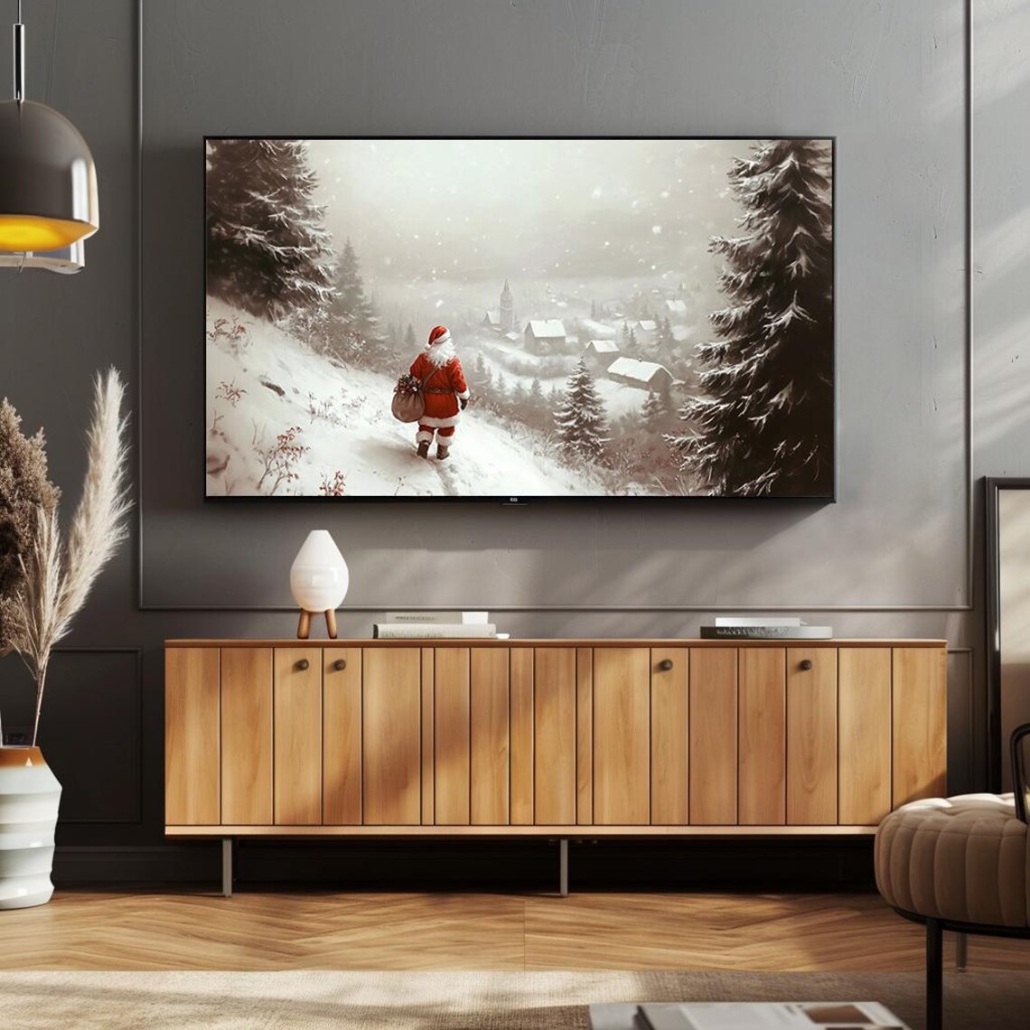 Santa Walking Toward Snowy Village Church Winter Landscape Poster - Image 4