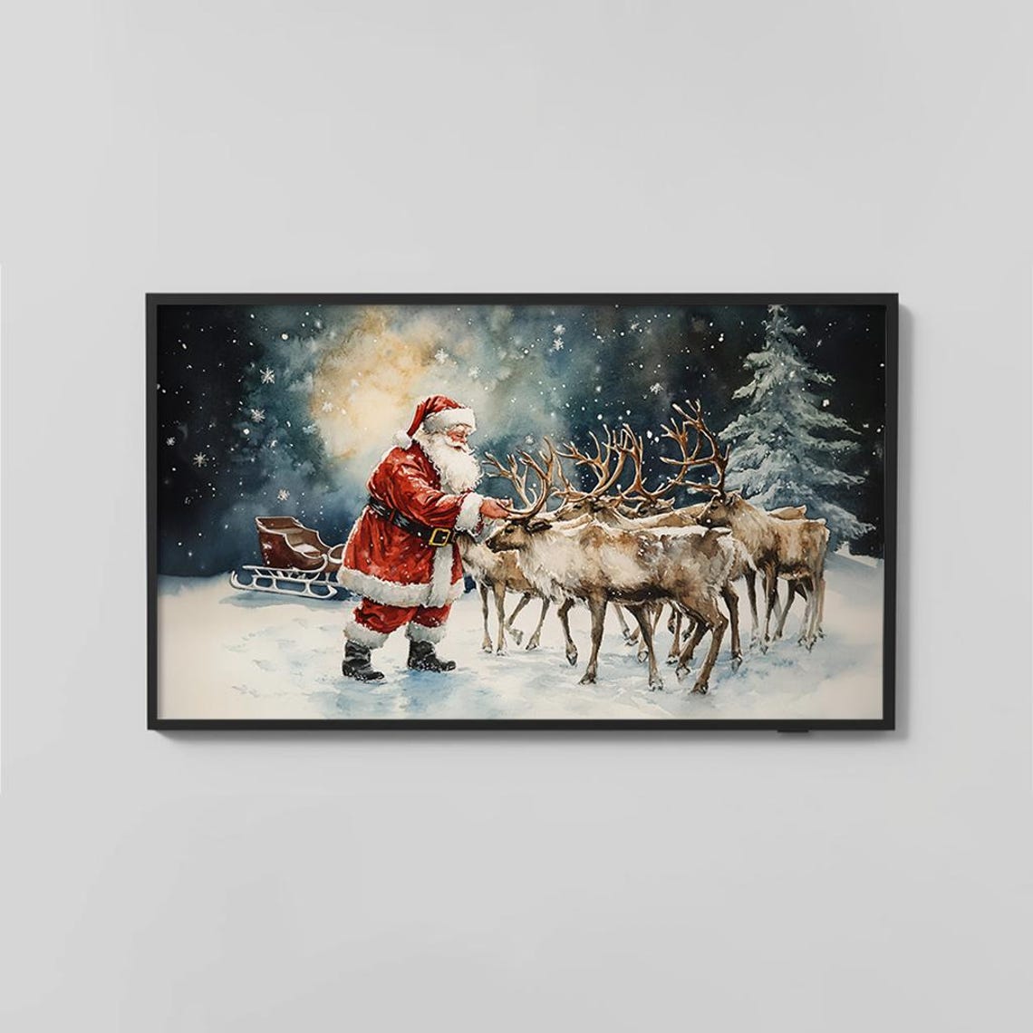 Santa with Reindeer and Sleigh Magical Winter Night Watercolor Poster - Image 2