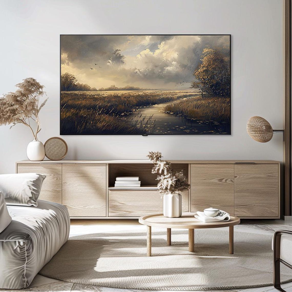 Misty River Marsh in Golden Light Dramatic Cloudy Sky Poster - Image 5