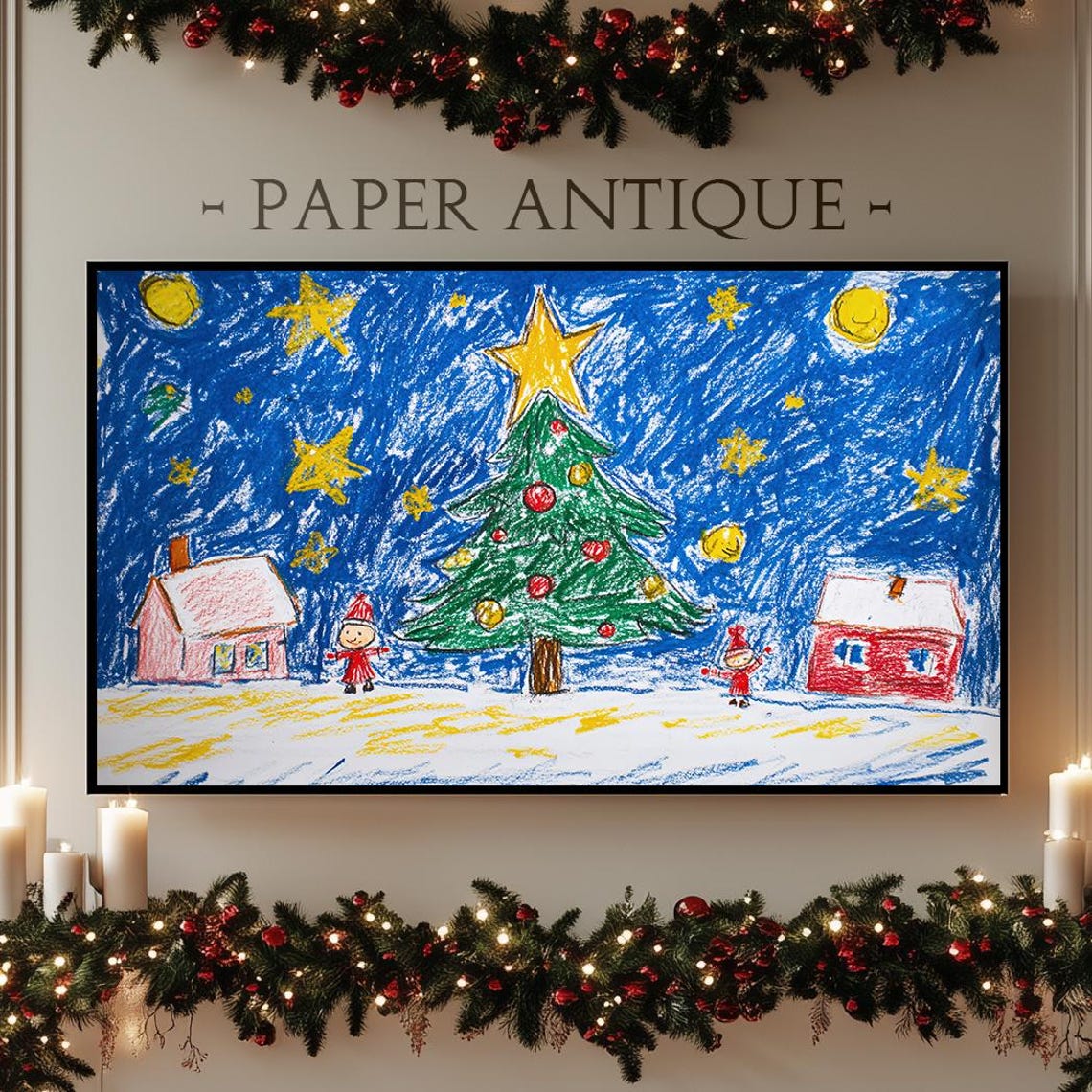 Kids Crayon Christmas Drawing Whimsical Tree Night Sky Poster