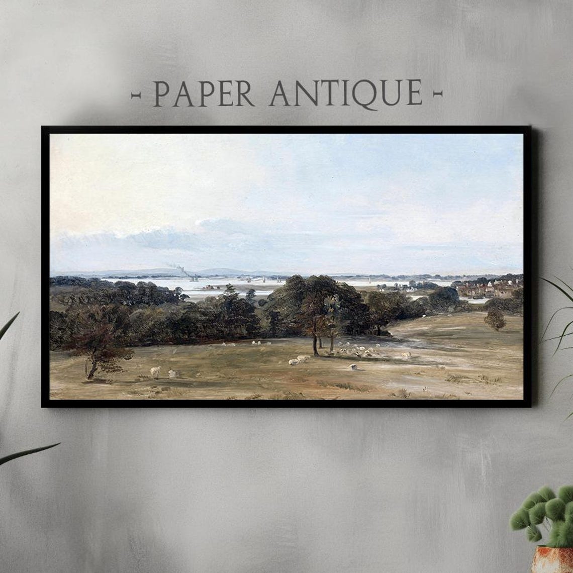 River Valley Sheep Meadow Distant Village Vintage Painting Poster