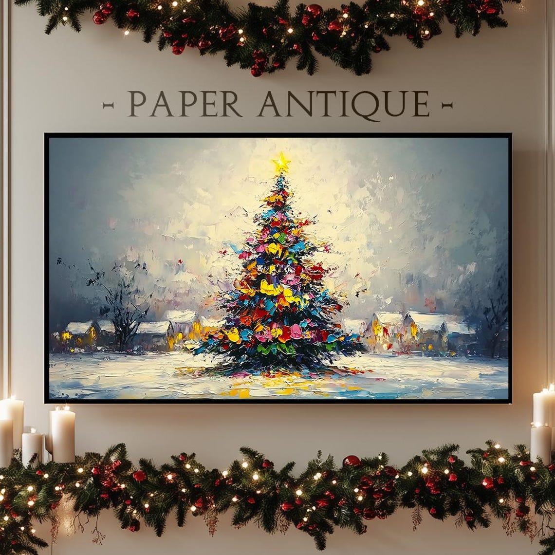 Vibrant Impressionist Christmas Tree Night Scene Oil Art Poster
