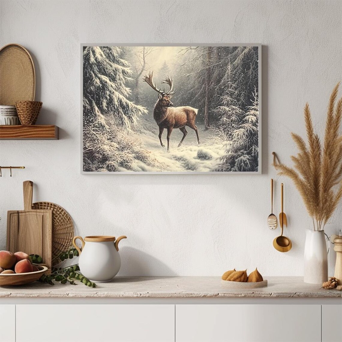 Majestic Stag in Snowy Winter Forest Victorian Oil Painting Poster - Image 2