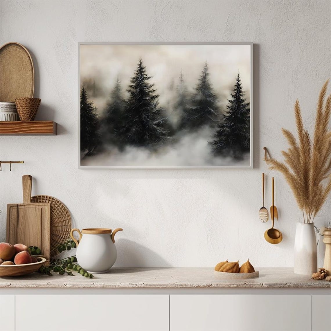 Misty Evergreen Forest Foggy Pines Minimalist Winter Art Poster - Image 2
