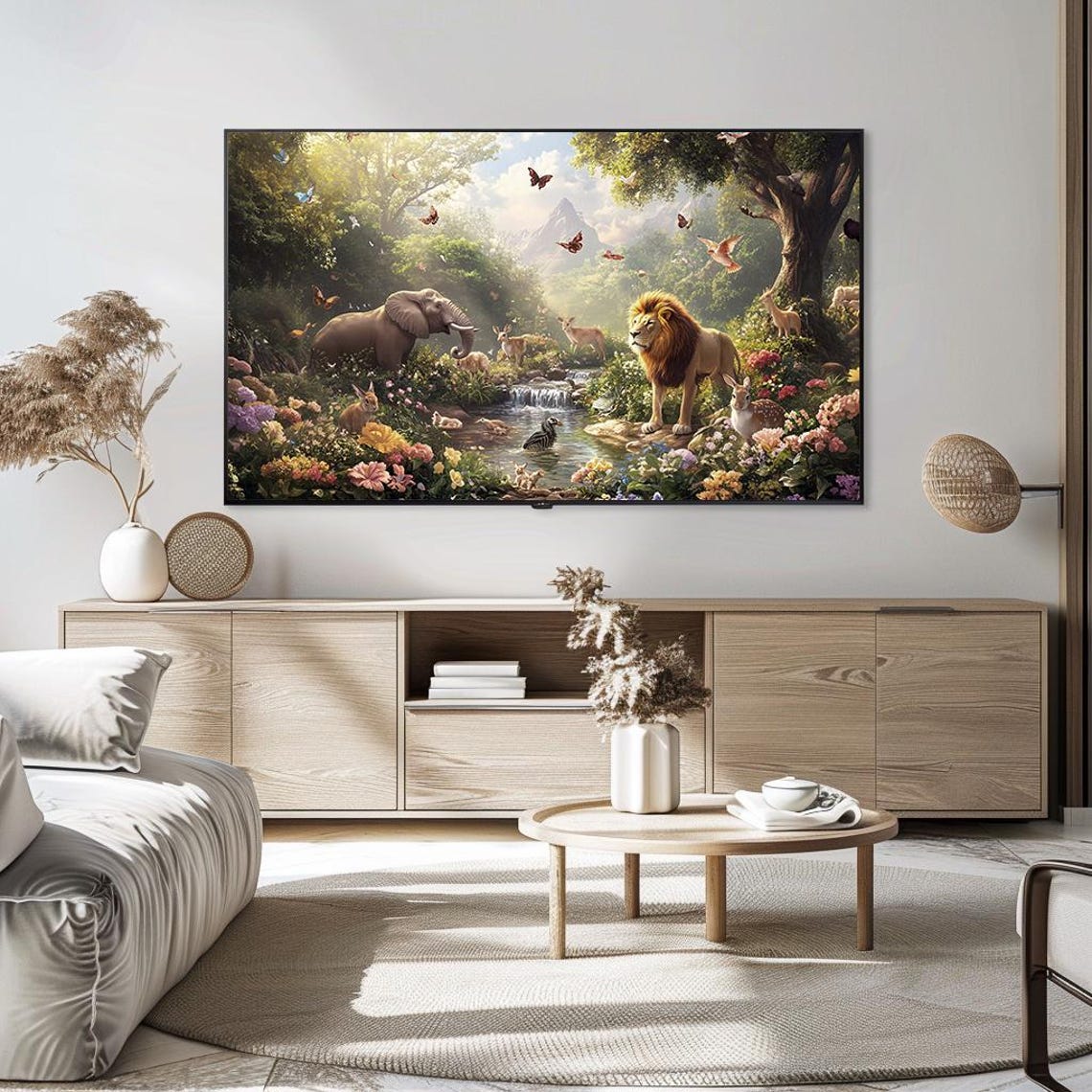 Wildlife Paradise Lion Elephant Waterfall Lush Jungle Garden Poster - Image 5