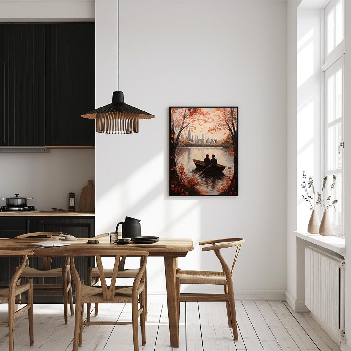 Couple Rowing Boat Autumn Lake City Skyline Romantic Painting Poster - Image 4