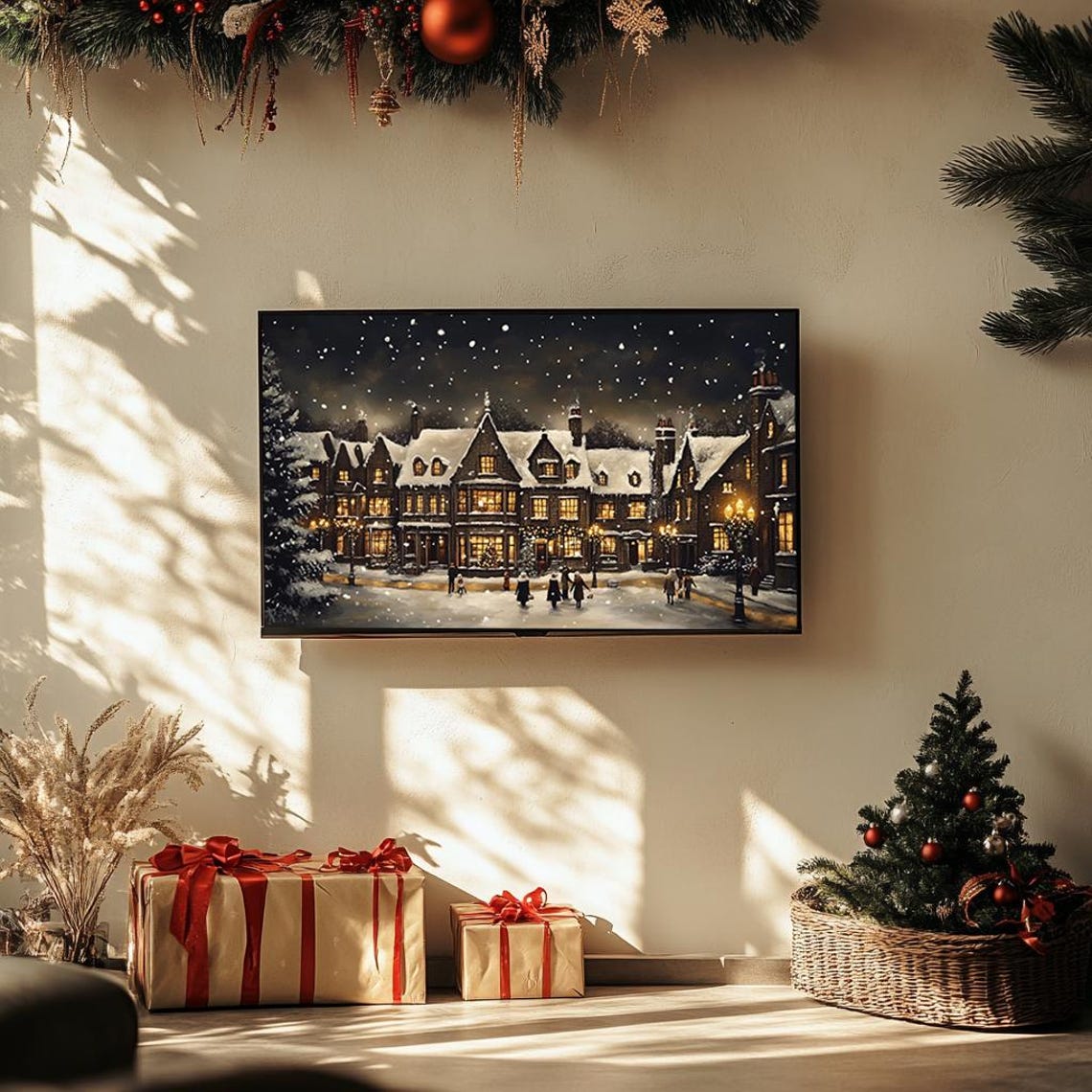 Snowy Village At Night Glowing Windows Falling Snow Panorama Poster - Image 3