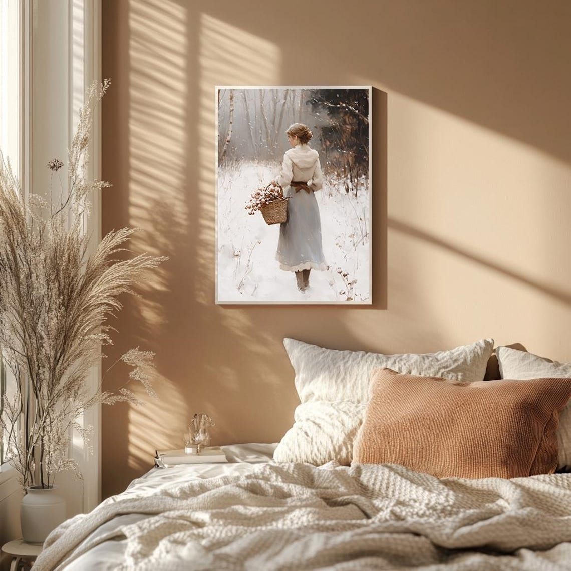 Woman Gathering Pinecones In Snowy Winter Forest Scene Poster - Image 2