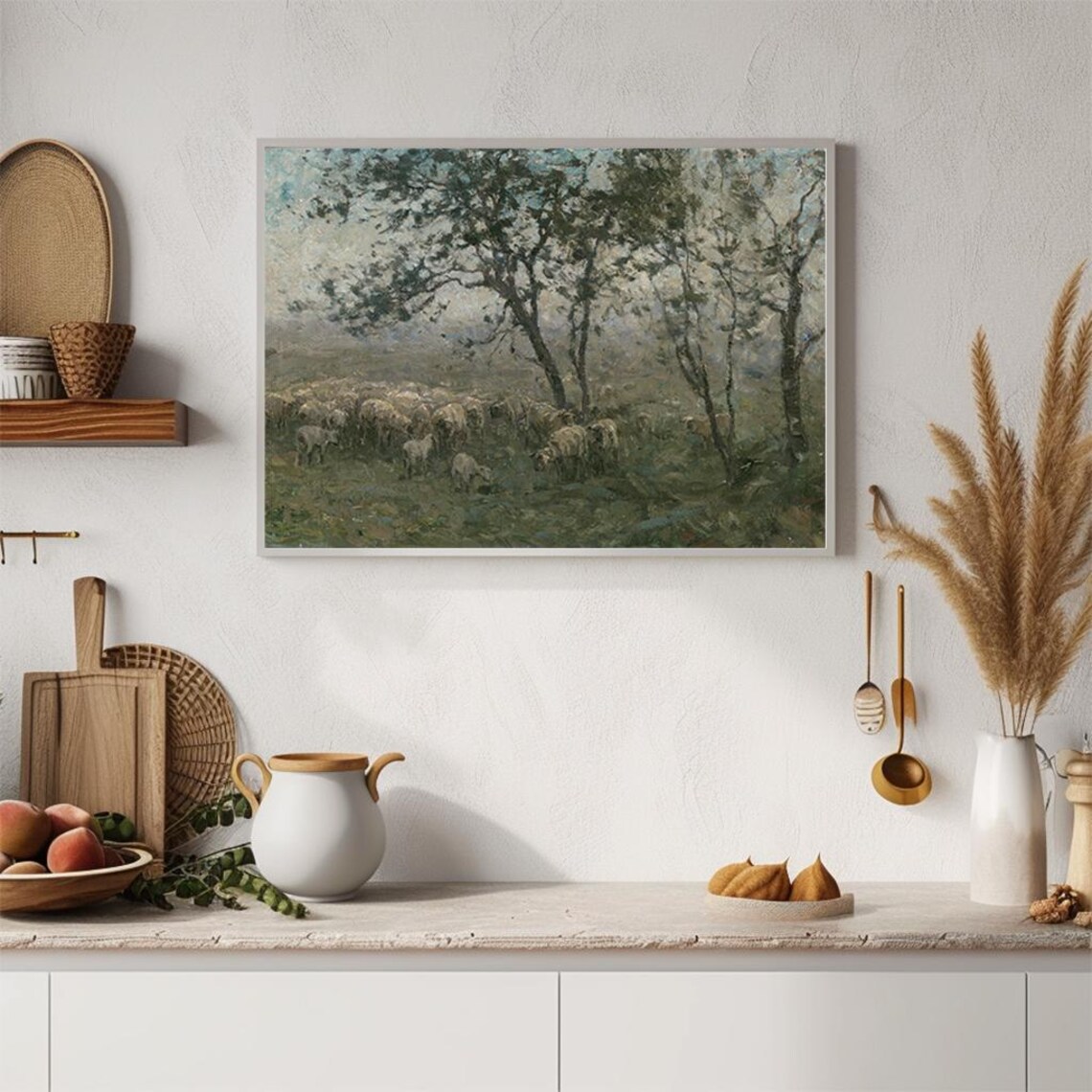 Pastoral Sheep Under Trees Impressionist Rural Vintage Painting Poster - Image 4