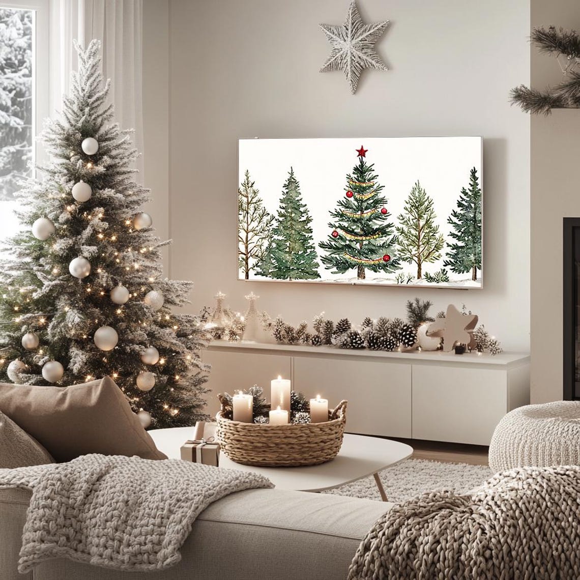 Christmas Tree Forest Watercolor Red Star Holiday Art Poster - Image 5