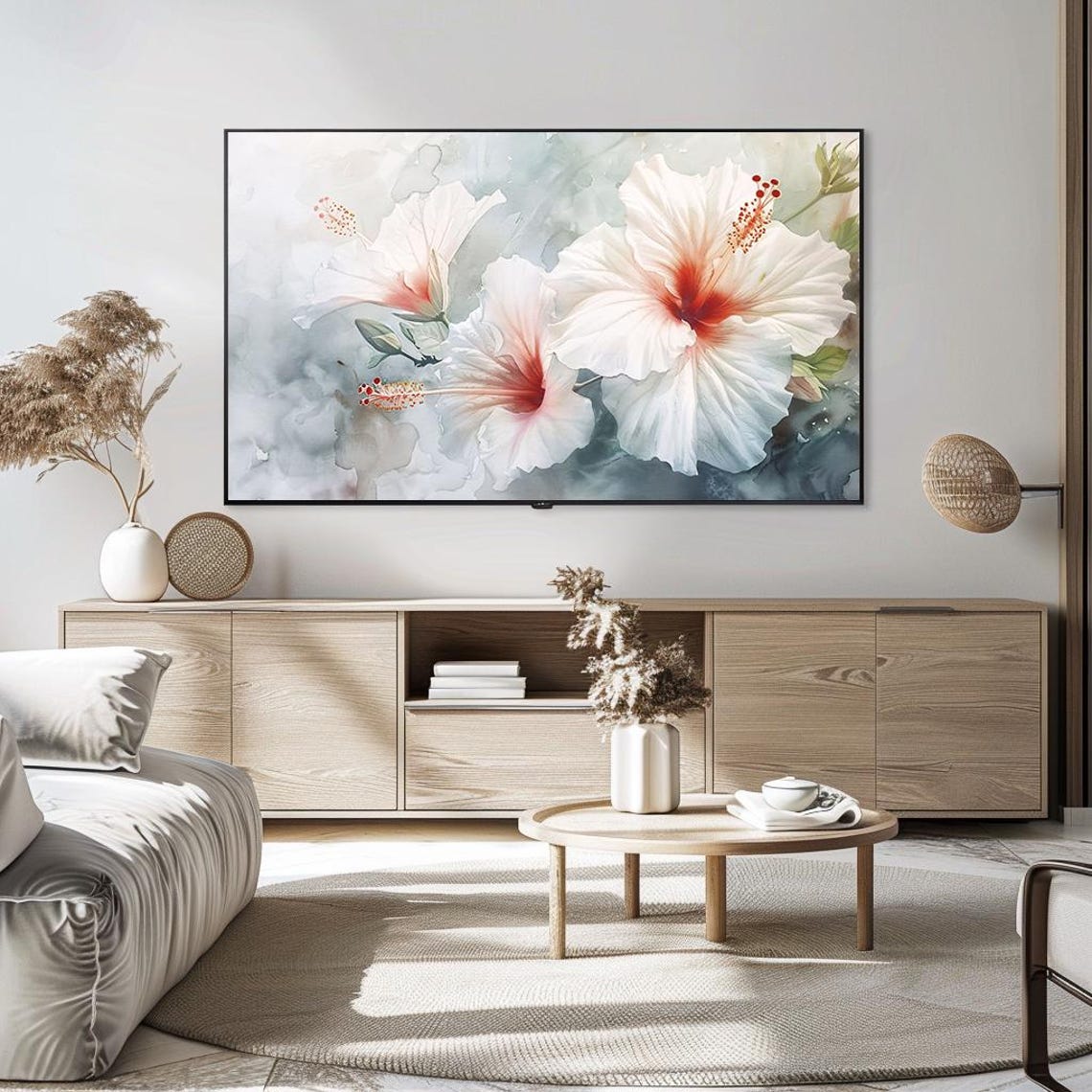 Large White Hibiscus Flowers Soft Watercolor Botanical Poster - Image 5