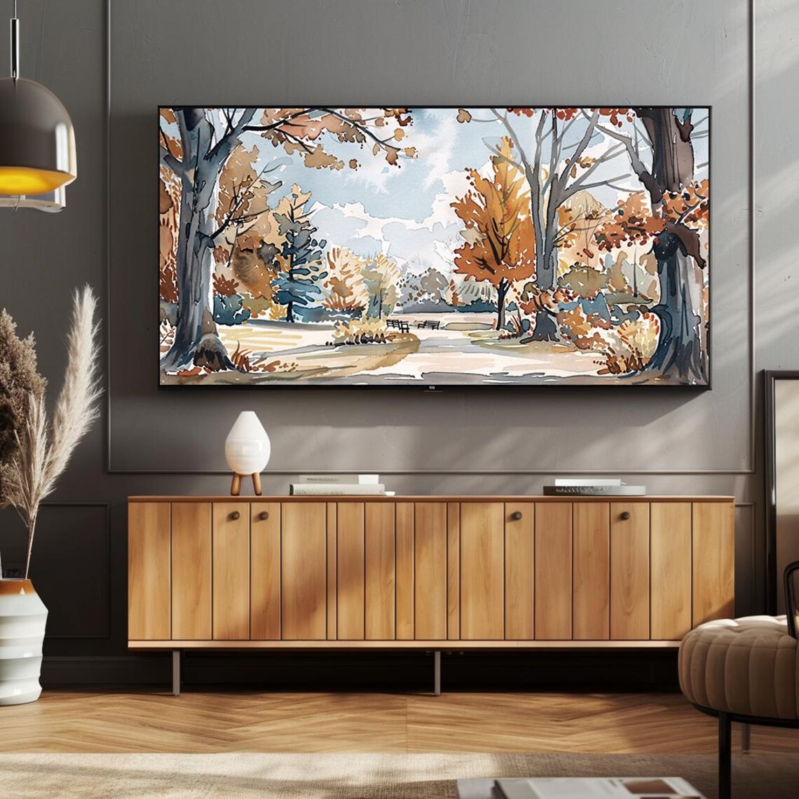 Autumn Park Watercolor with Benches Golden Trees Scene Poster - Image 2