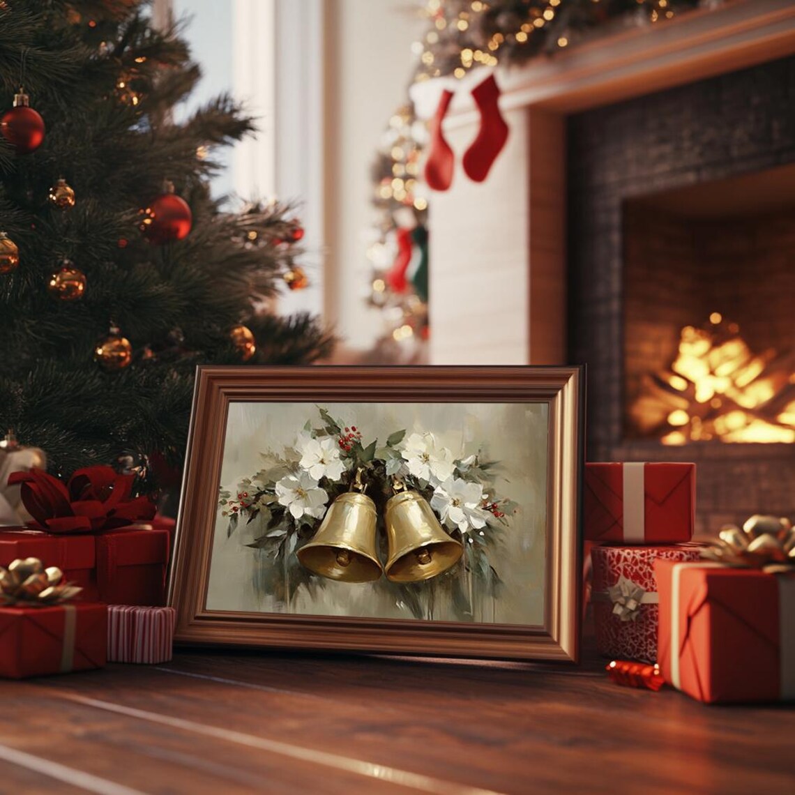 Golden Christmas Bells With White Flowers Vintage Oil Painting Poster - Image 3
