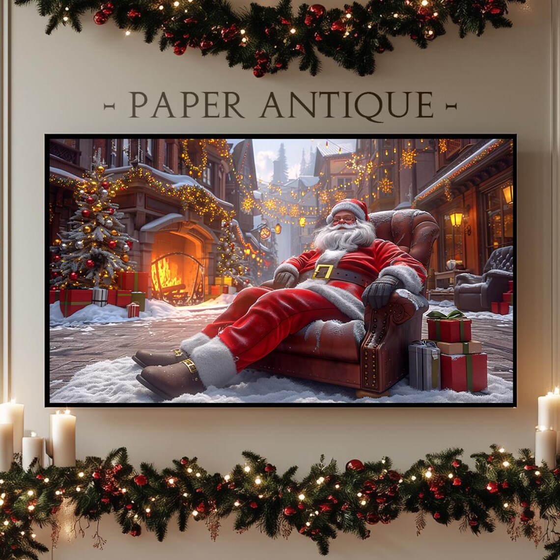 Santa Claus Resting in Armchair Snowy Village Festive Poster