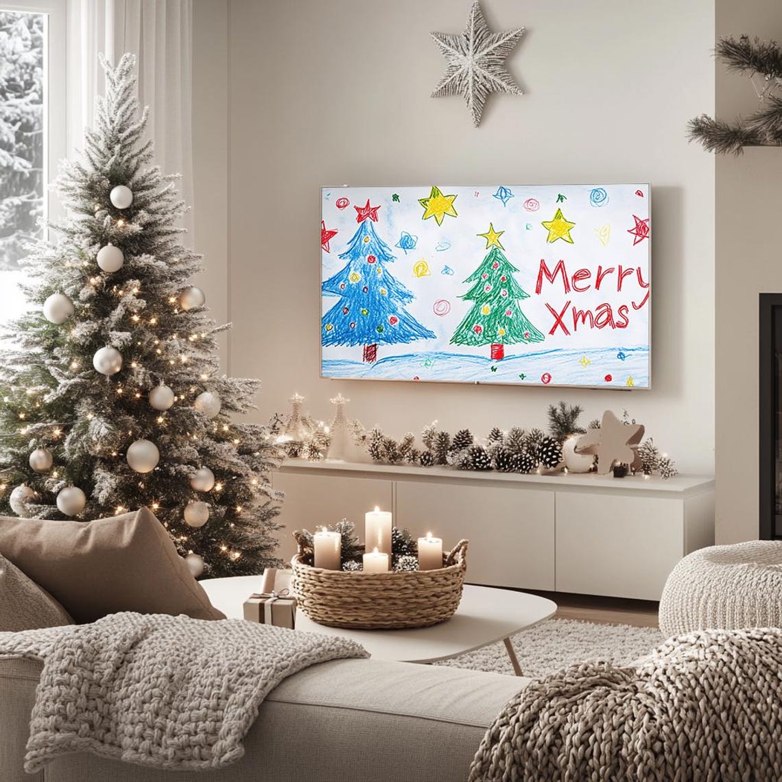 Colorful Merry Xmas Crayon Drawing Kids Christmas Tree Poster - Image 5