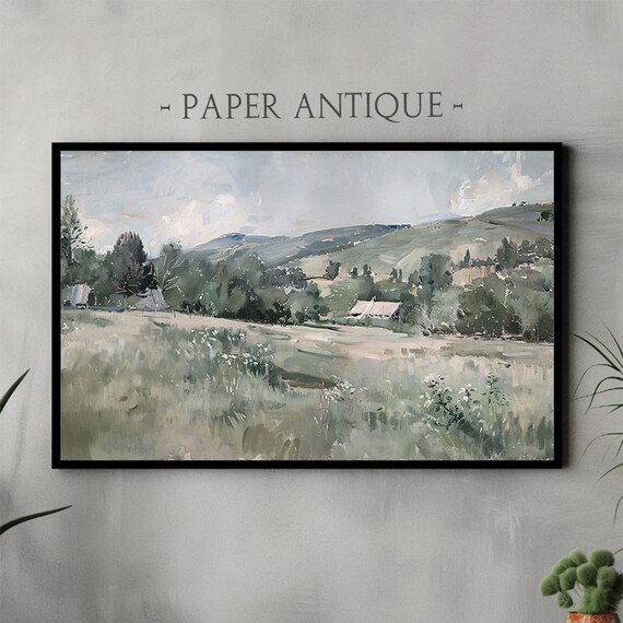 Frame Tv Art Serene Countryside Landscape Pastel Green Field And Mountains Instant