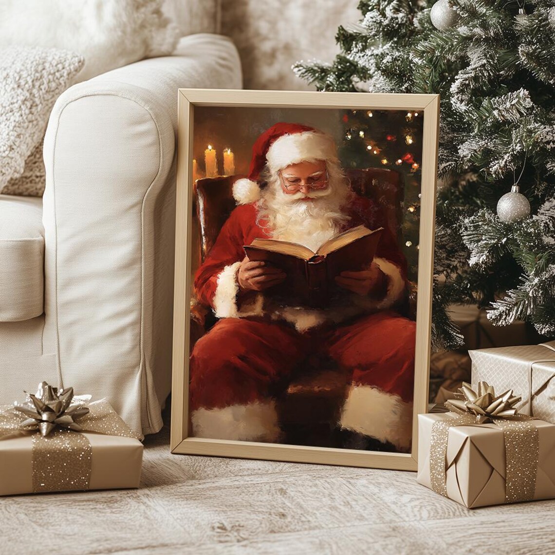 Santa Claus Reading A Book In Armchair Cozy Christmas Scene Poster - Image 3
