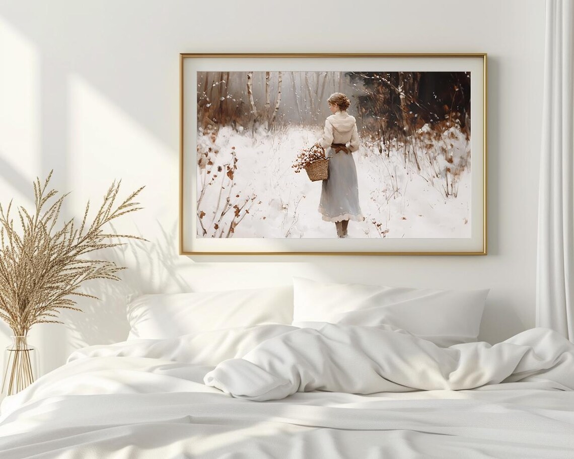 Woman with Basket in Snowy Winter Birch Forest Vintage Painting Poster - Image 2