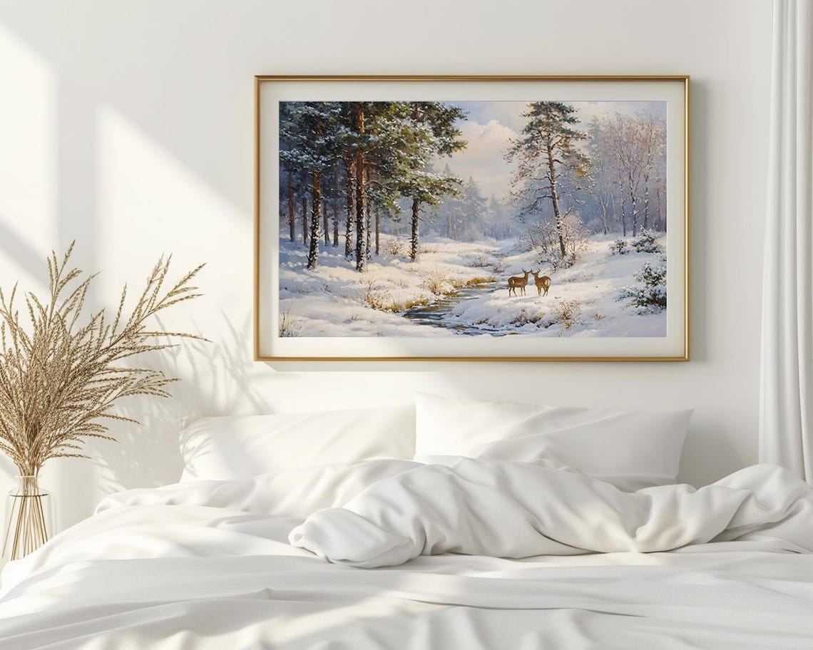 Deer by Stream Snowy Forest Realistic Winter Painting Poster - Image 2