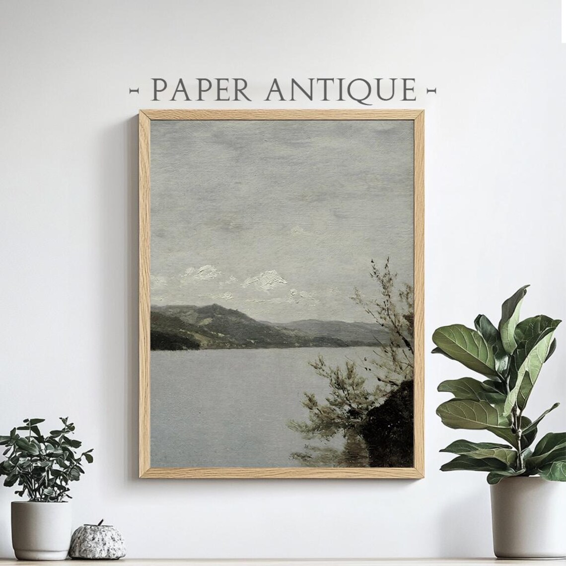 Calm Lakeside Mountain View Oil Painting Minimalist Landscape Wall Art Print Pt