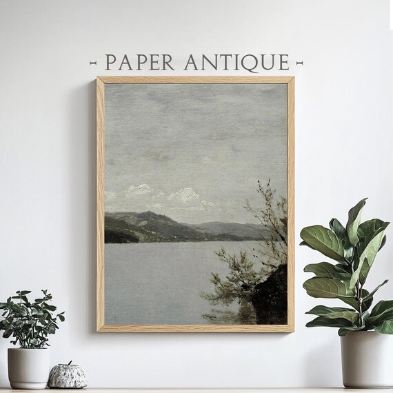 Calm Lakeside Mountain View Oil Painting Minimalist Landscape Wall Art Print Pt