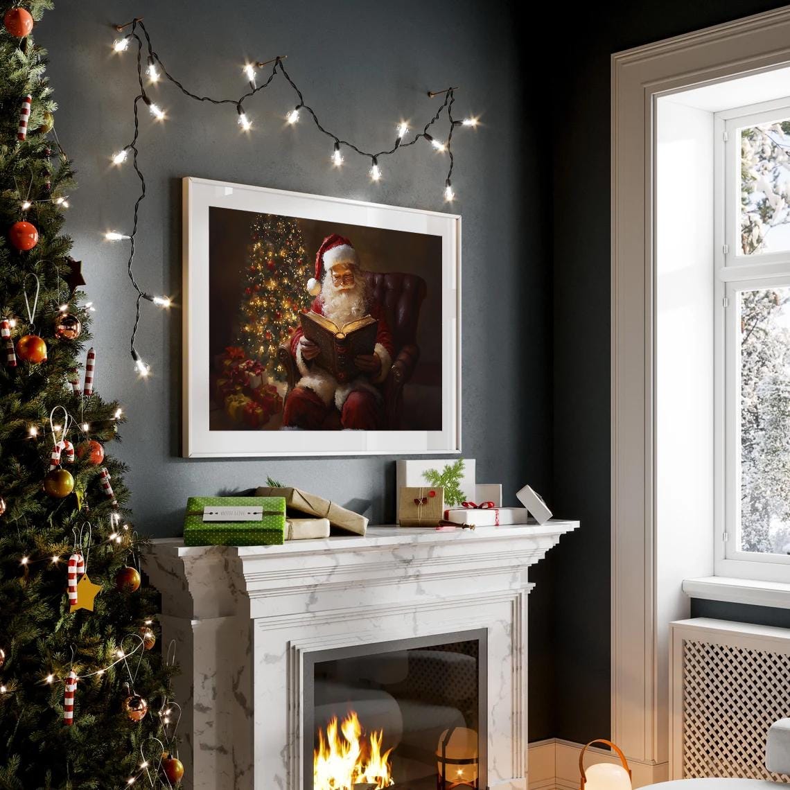 Santa Reading By The Christmas Tree Cozy Vintage Holiday Poster - Image 2