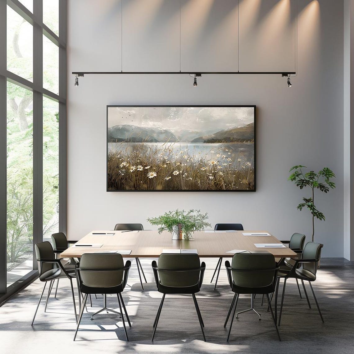 Serene Misty Lake with Wild Daisies Mountain View Landscape Poster - Image 3