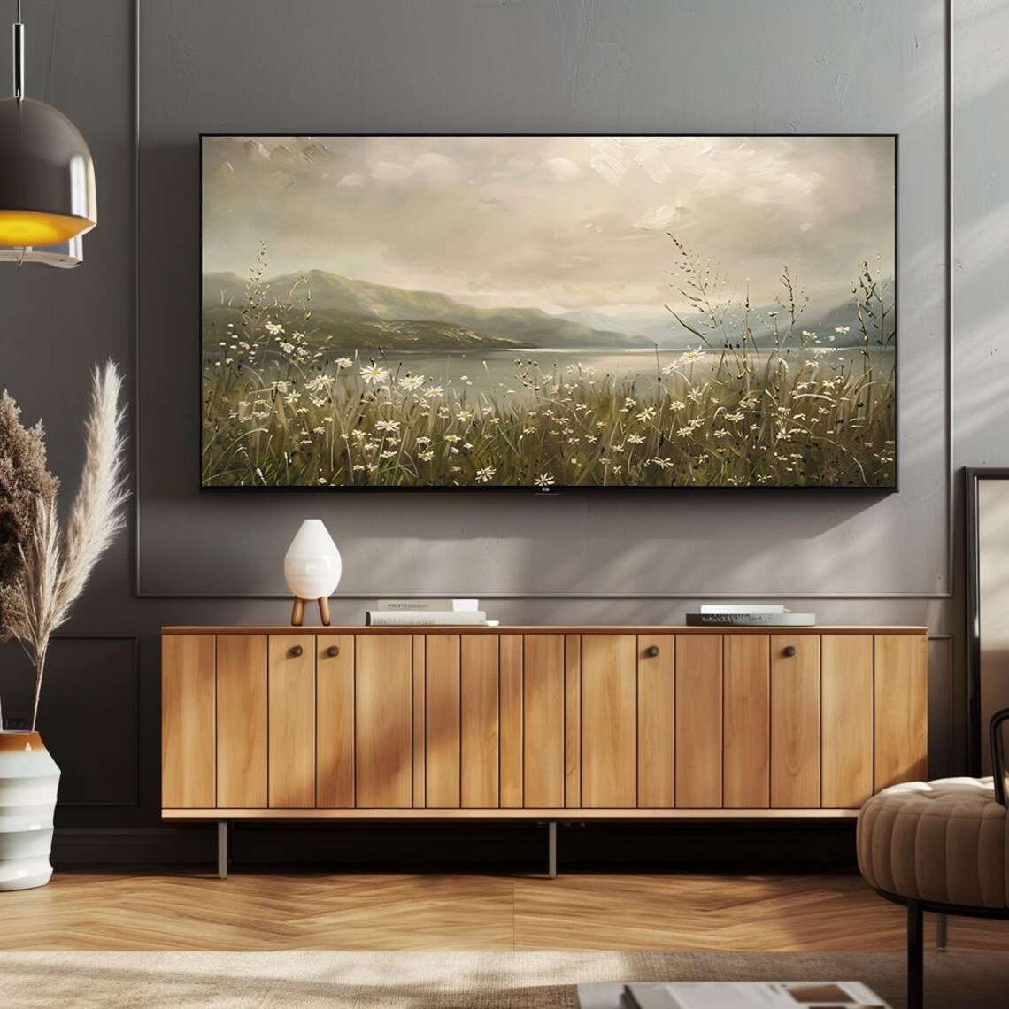 Wild Daisies by Misty Mountain Lake Vintage Landscape Poster - Image 2