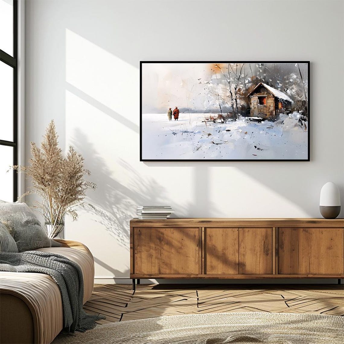 Snowy Log Cabin in Winter Two Walkers Impressionist Art Poster - Image 4
