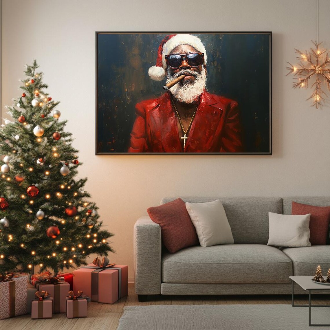 Bold Cool Santa Sunglasses Cigar Dark Oil Painting Modern Poster - Image 5