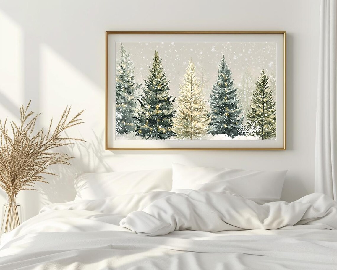 Watercolor Christmas Trees With Golden Twinkle Lights Winter Poster - Image 2
