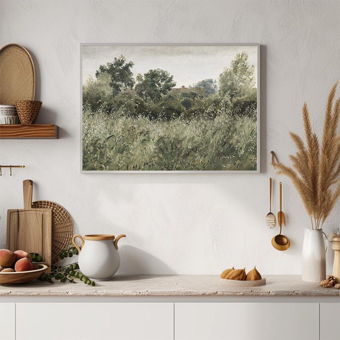 Lush Green Field with Trees Serene Romanticism Landscape Poster - Image 4