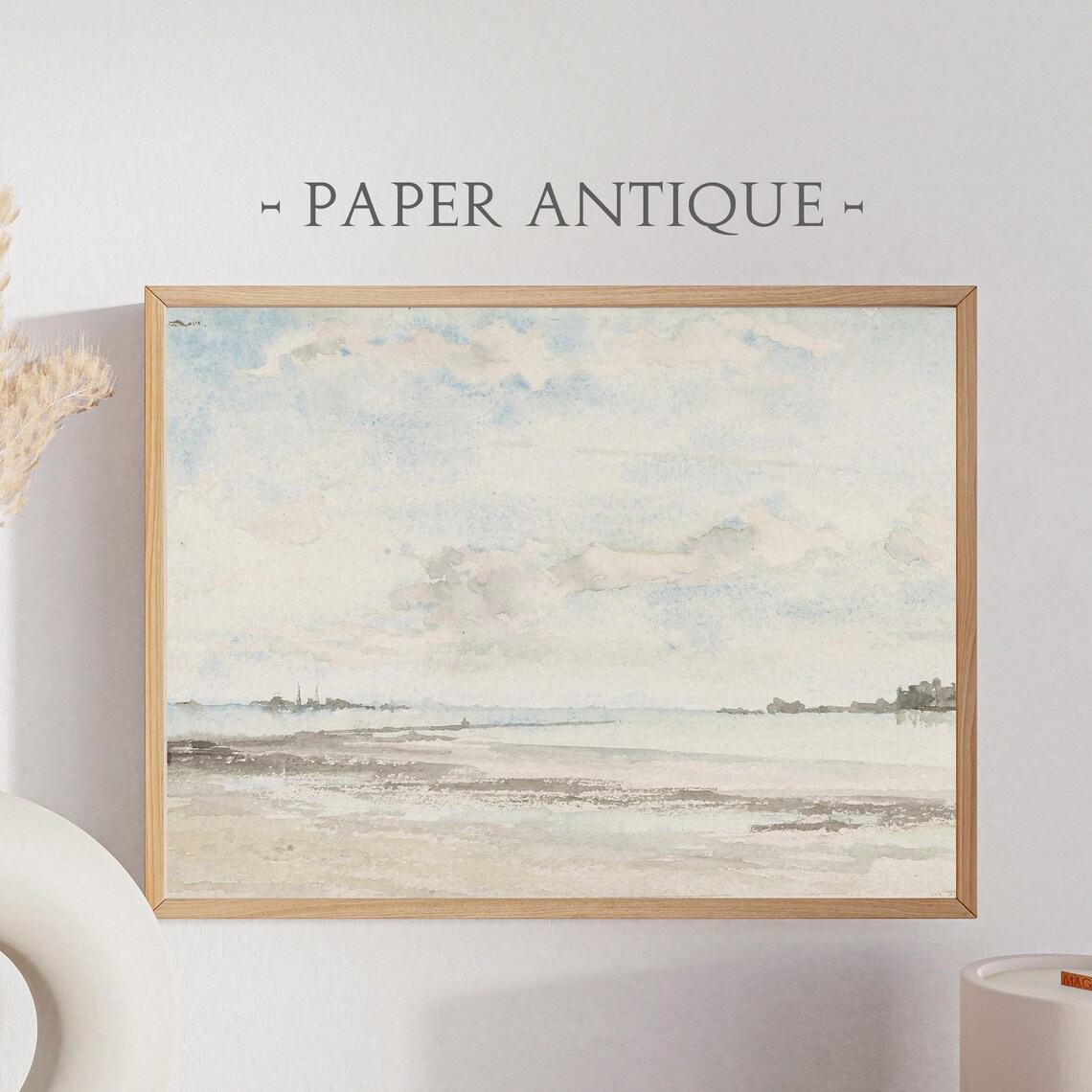 Calm Coastal Shoreline Watercolor Pale Sky Seaside Scene Poster
