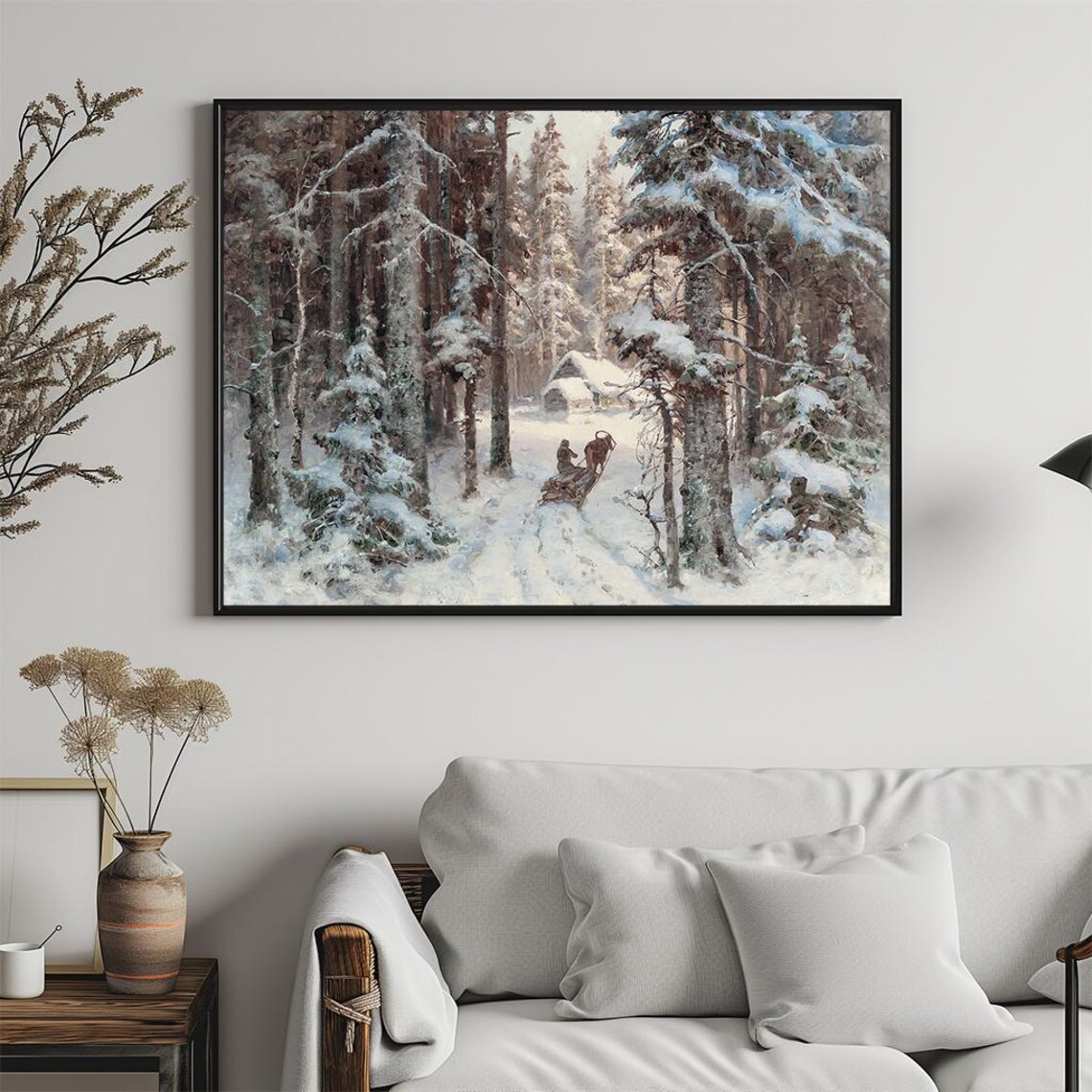 Snowy Forest Cabin Horse Sleigh Vintage Winter Landscape Poster - Image 5
