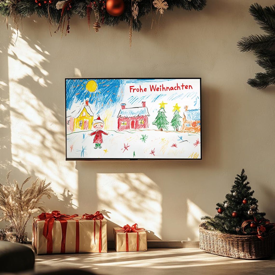 Frohe Weihnachten Kids Crayon Drawing Christmas Village Holiday Poster - Image 3