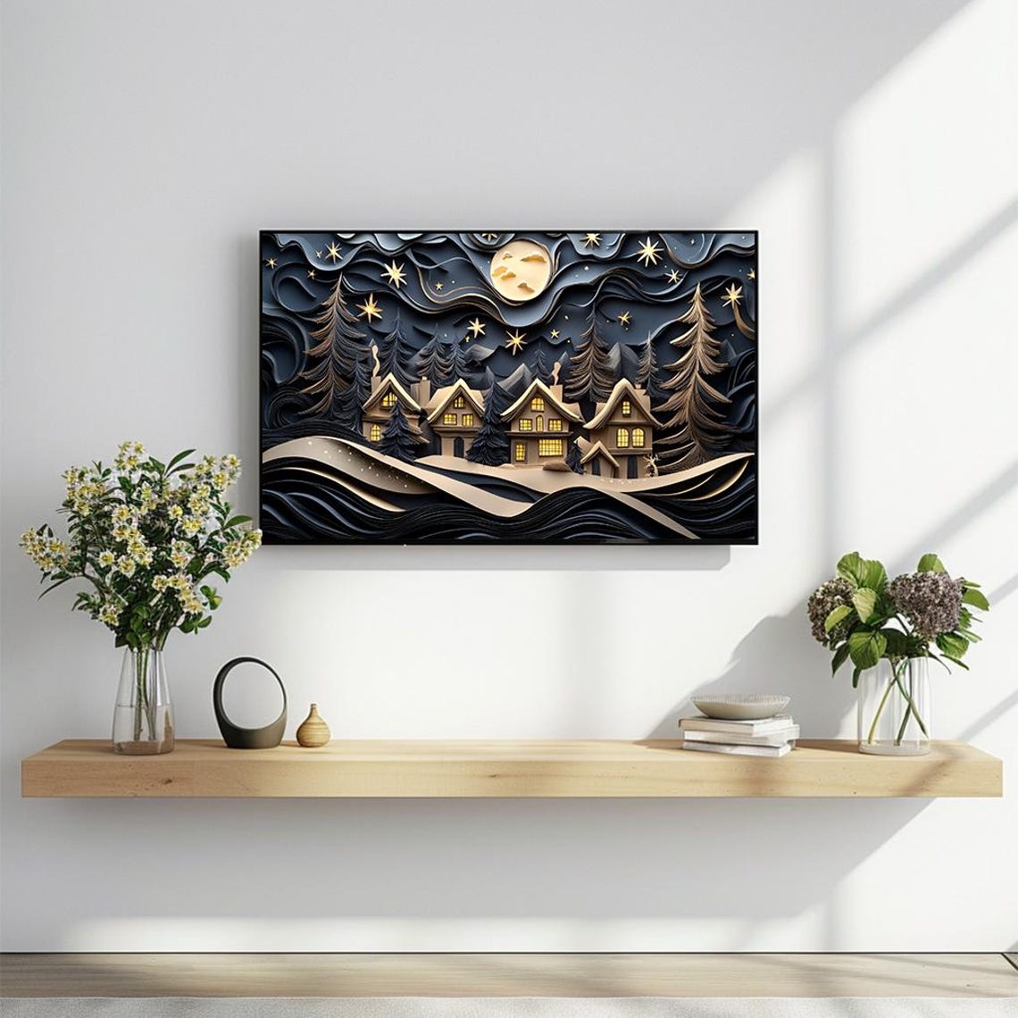 Layered Paper Cut Winter Village Night Moon Stars Art Poster - Image 2