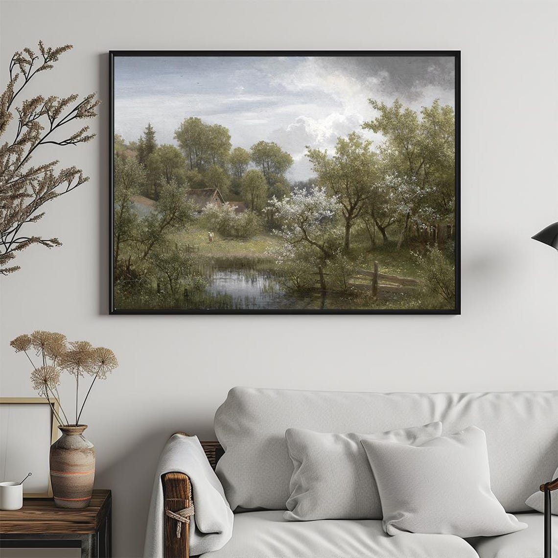Cottage by Pond Blooming Trees Romanticism Vintage Painting Poster - Image 5