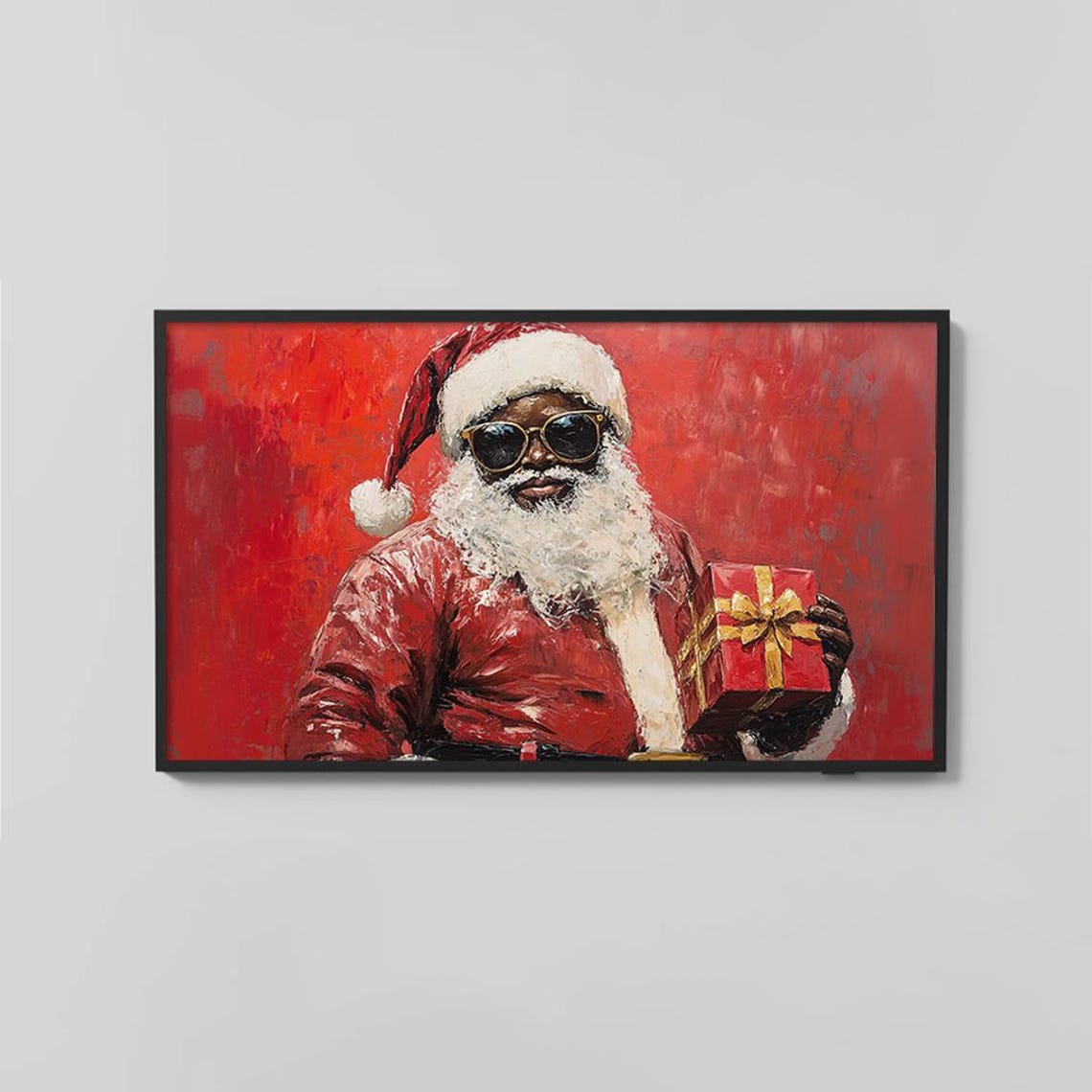 Cool Santa Sunglasses Holding Gift Bold Red Oil Painting Poster - Image 2