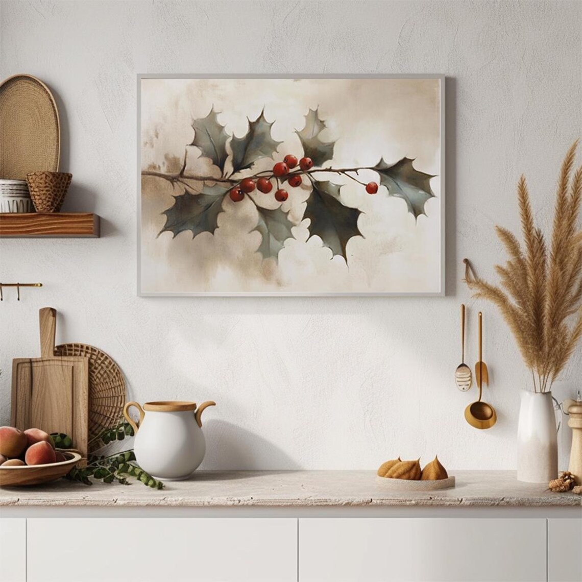 Holly Branch With Red Berries Vintage Oil Painting Botanical Poster - Image 4