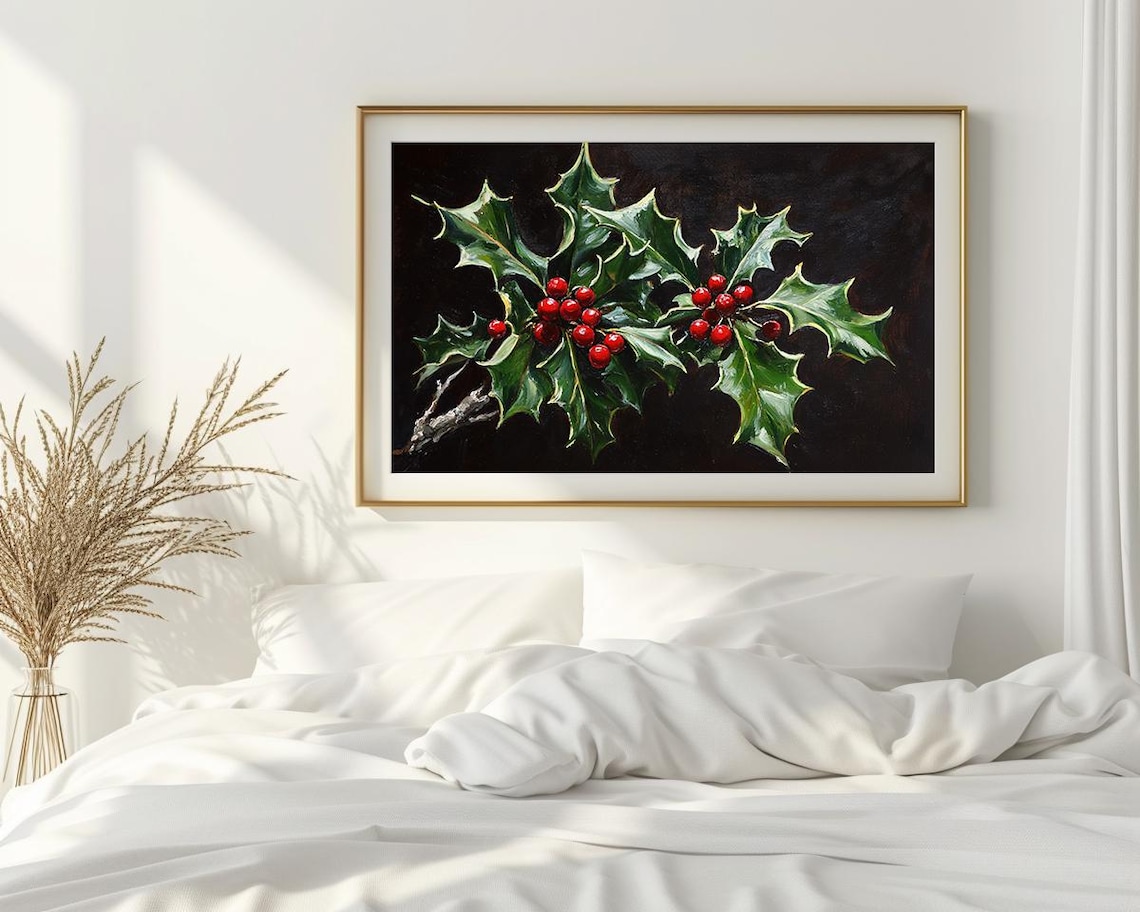 Holly Leaves and Red Berries Botanical Christmas Still Life Poster - Image 2