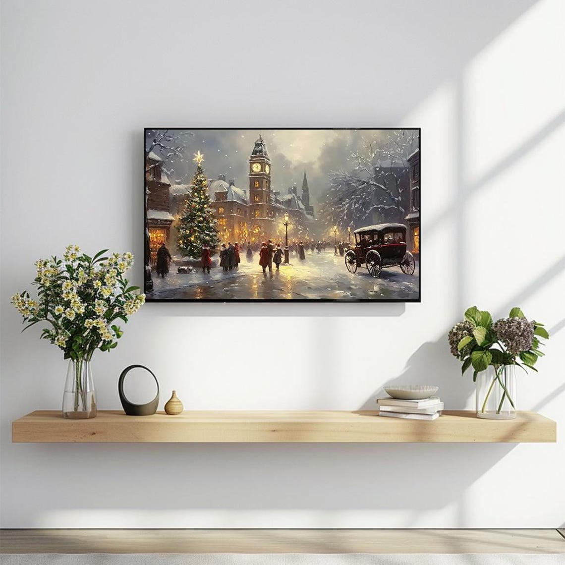 Victorian Christmas Street Clock Tower Horse Carriage Poster - Image 2