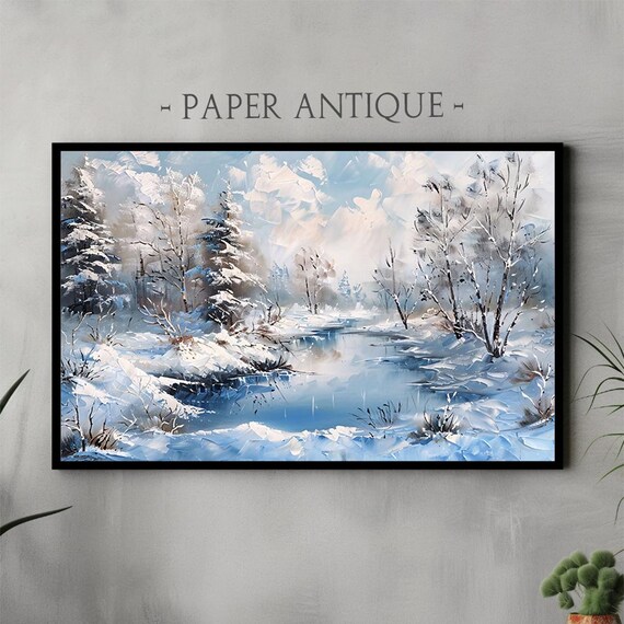 Frozen Blue River among Snowy Trees Winter Impasto Art Poster